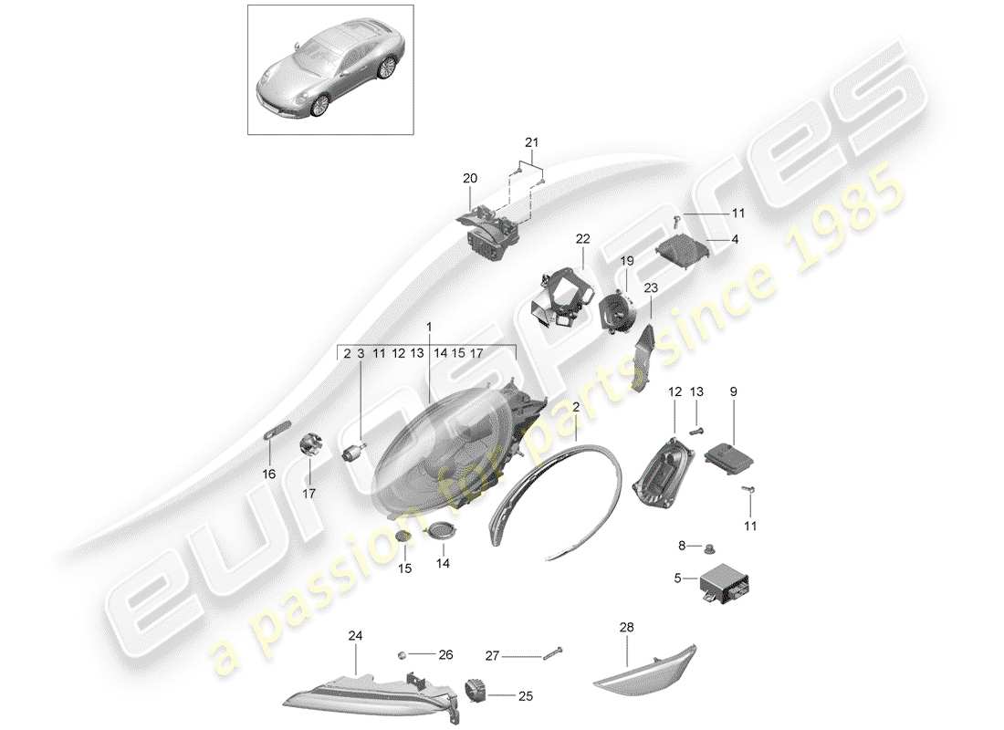 porsche 2020 (991-2) diagramma delle parti del faro