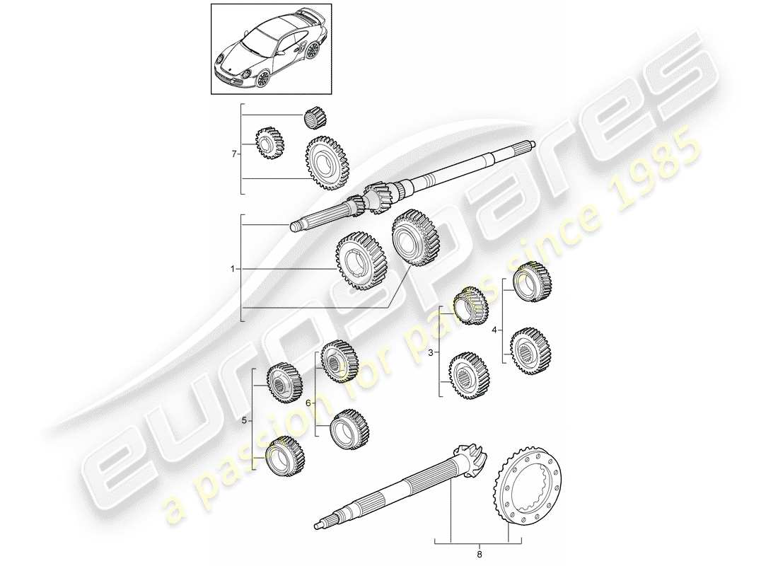 porsche 911 t/gt2rs (2013) set di ruote dentate diagramma delle parti