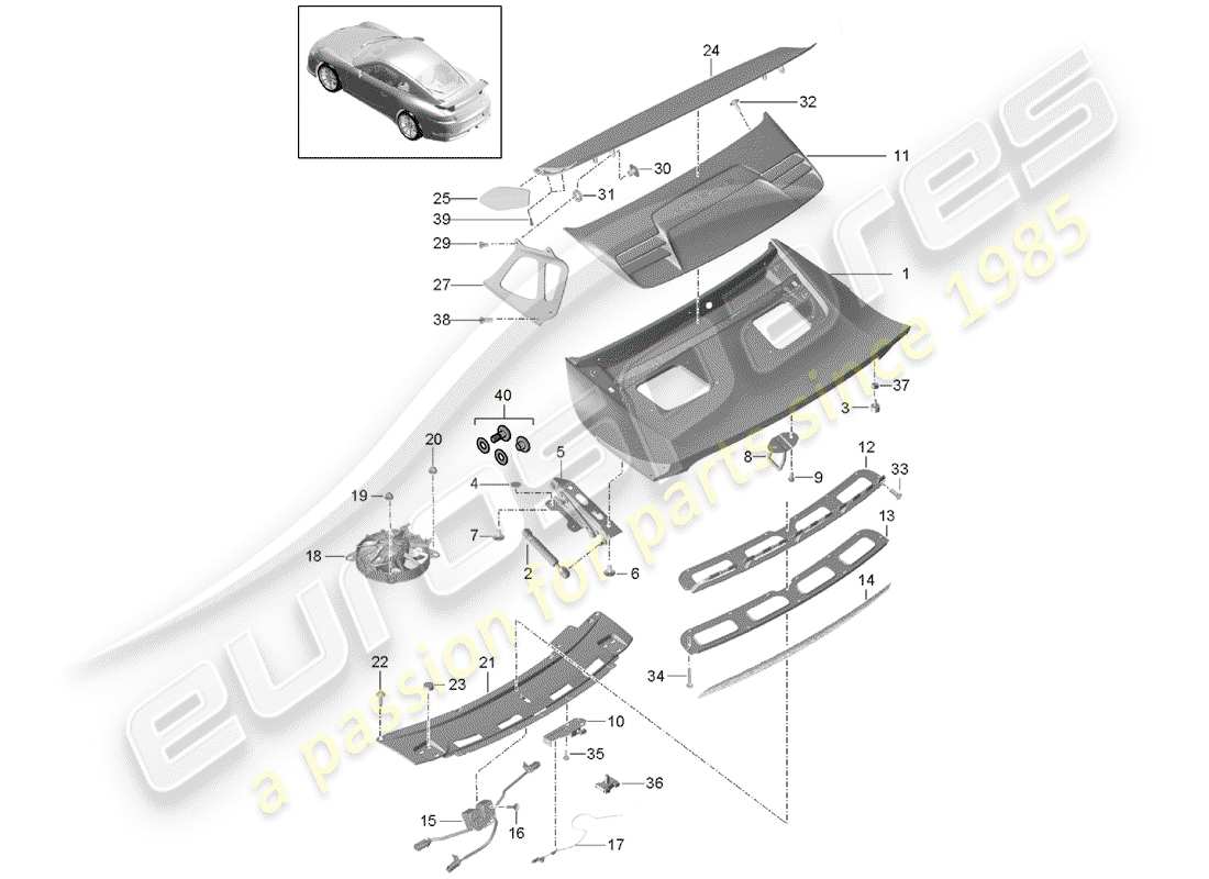 porsche 2016 (991-1 r/gt3/rs) spoiler posteriore diagramma delle parti