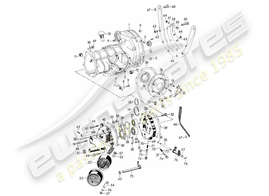 porsche 1950 (356/356a) cassa trasmissione - con: - sospensione trasmissione - per - trasmissione tunnel schema particolare