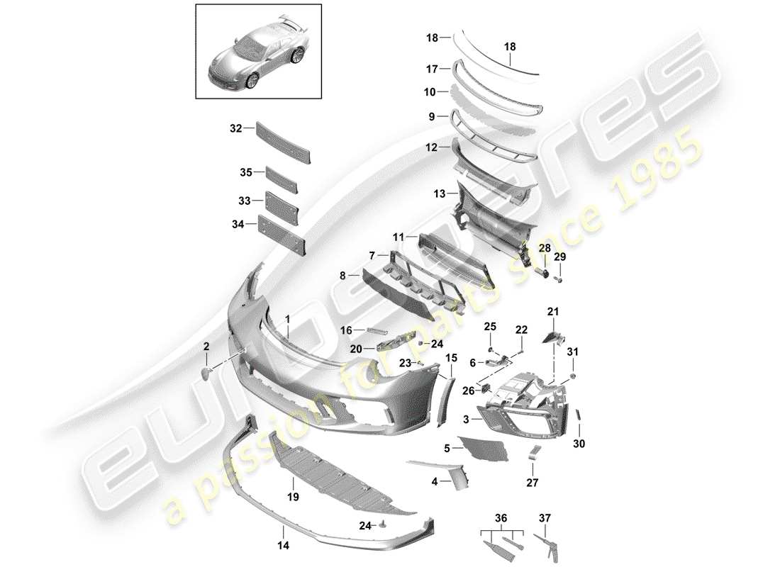 porsche 991r/gt3/rs (2020) diagramma delle parti del paraurti