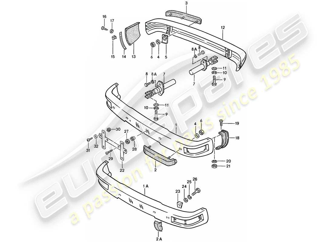 porsche 1976 (924) paraurti - con: - paraurti schema delle parti