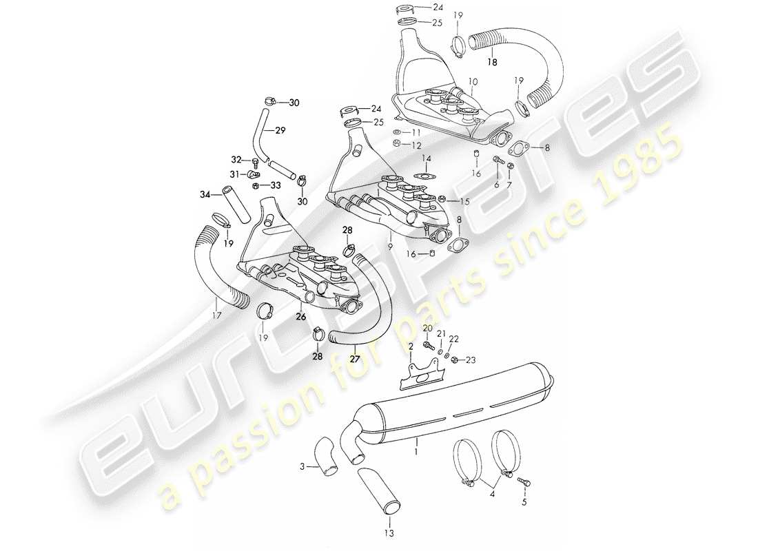 porsche 1972 (911) impianto di scarico diagramma delle parti