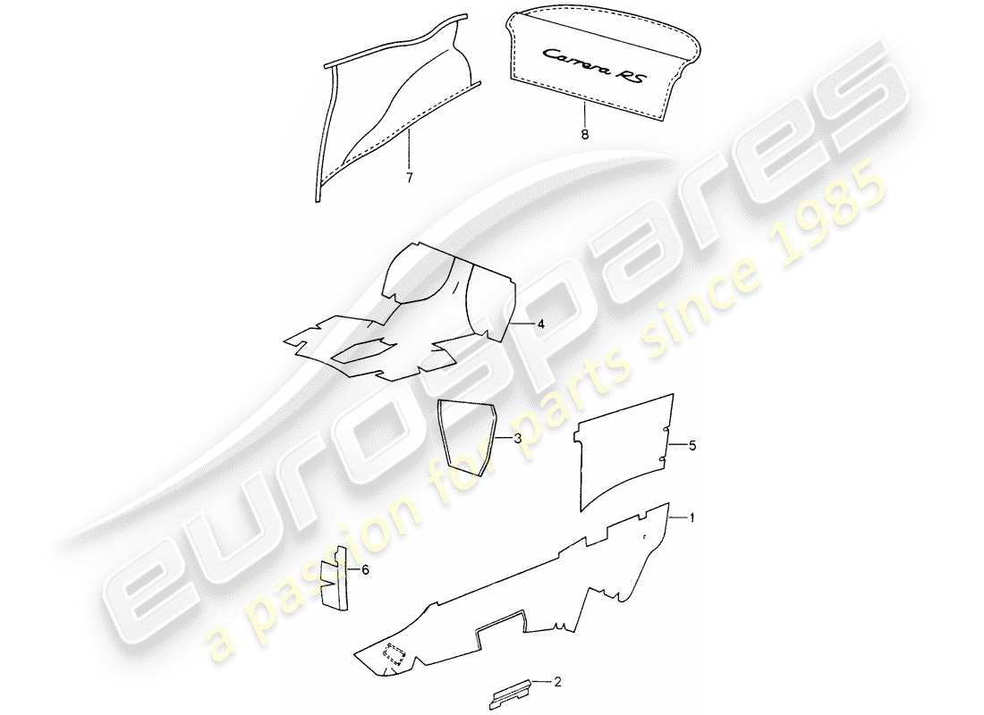 porsche 1996 (993) dotazioni interne - moquette adesiva diagramma delle parti