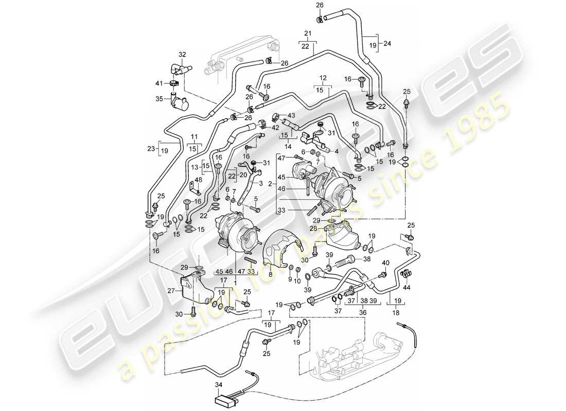 porsche 2008 (997-1 turbo / gt2) turbocompressore gas di scarico diagramma delle parti
