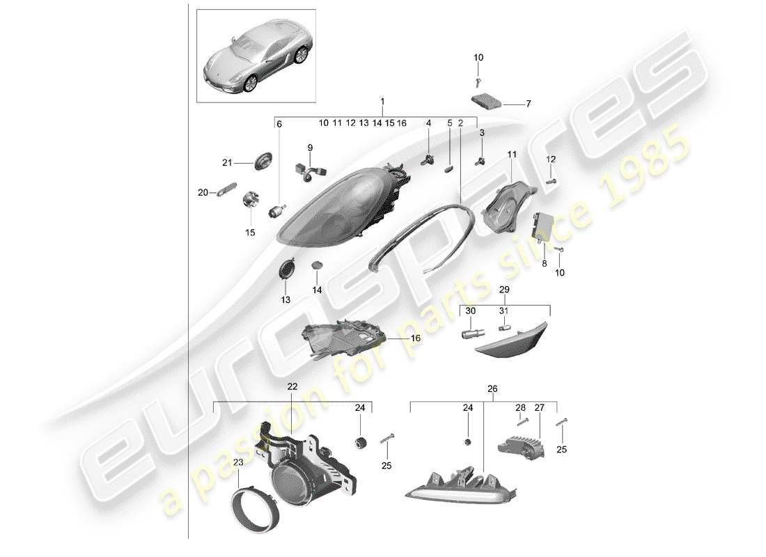 porsche 2015 (981 cayman) diagramma delle parti del faro