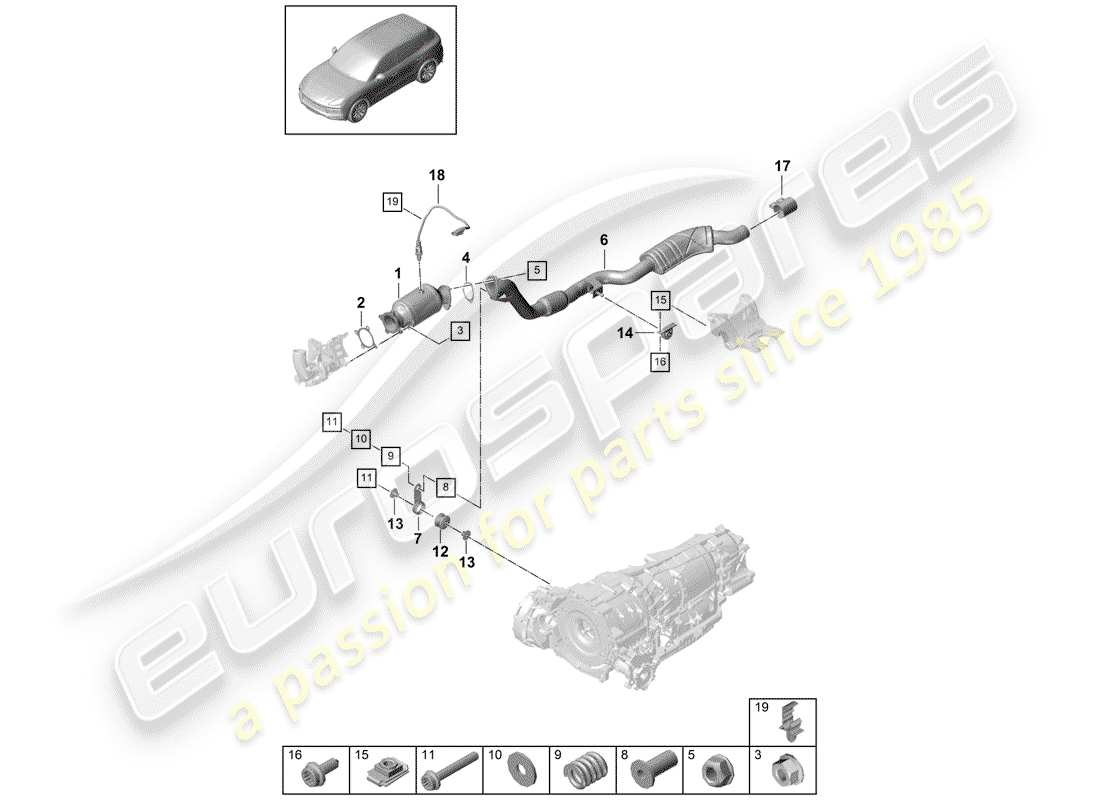 porsche 2020 (cayenne e3 9ya/9yb) diagramma delle parti del sistema di scarico