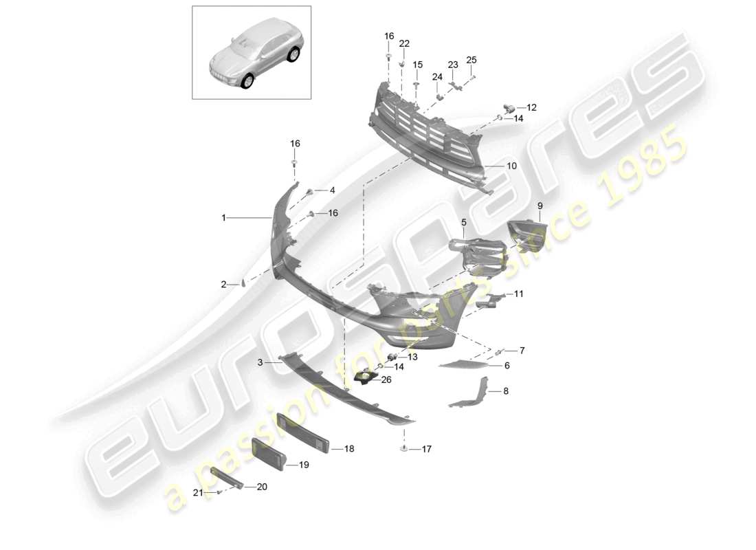 porsche 2017 (macan) paraurti anteriore gts e pacchetto sport design diagramma delle parti