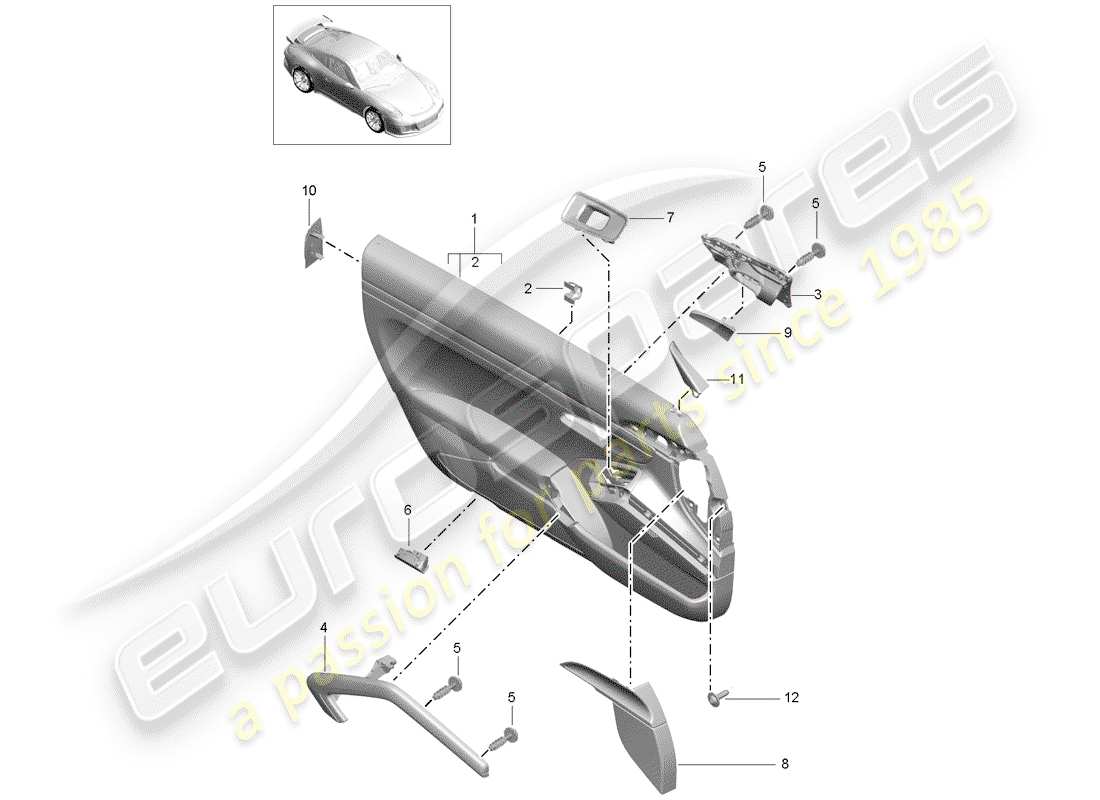 porsche 2015 (991-1 r/gt3/rs) pannello della porta diagramma delle parti