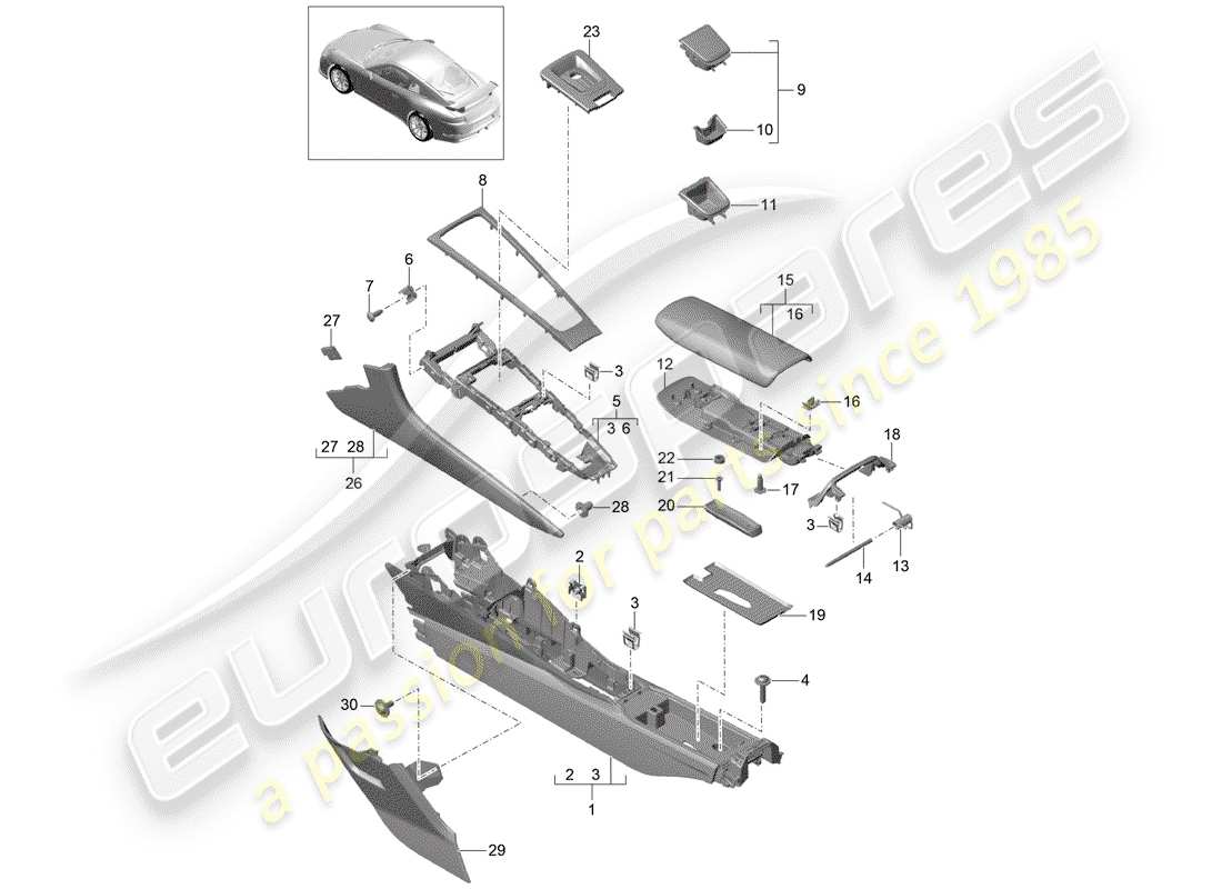 porsche 2016 (991-1 r/gt3/rs) schema delle parti della console centrale