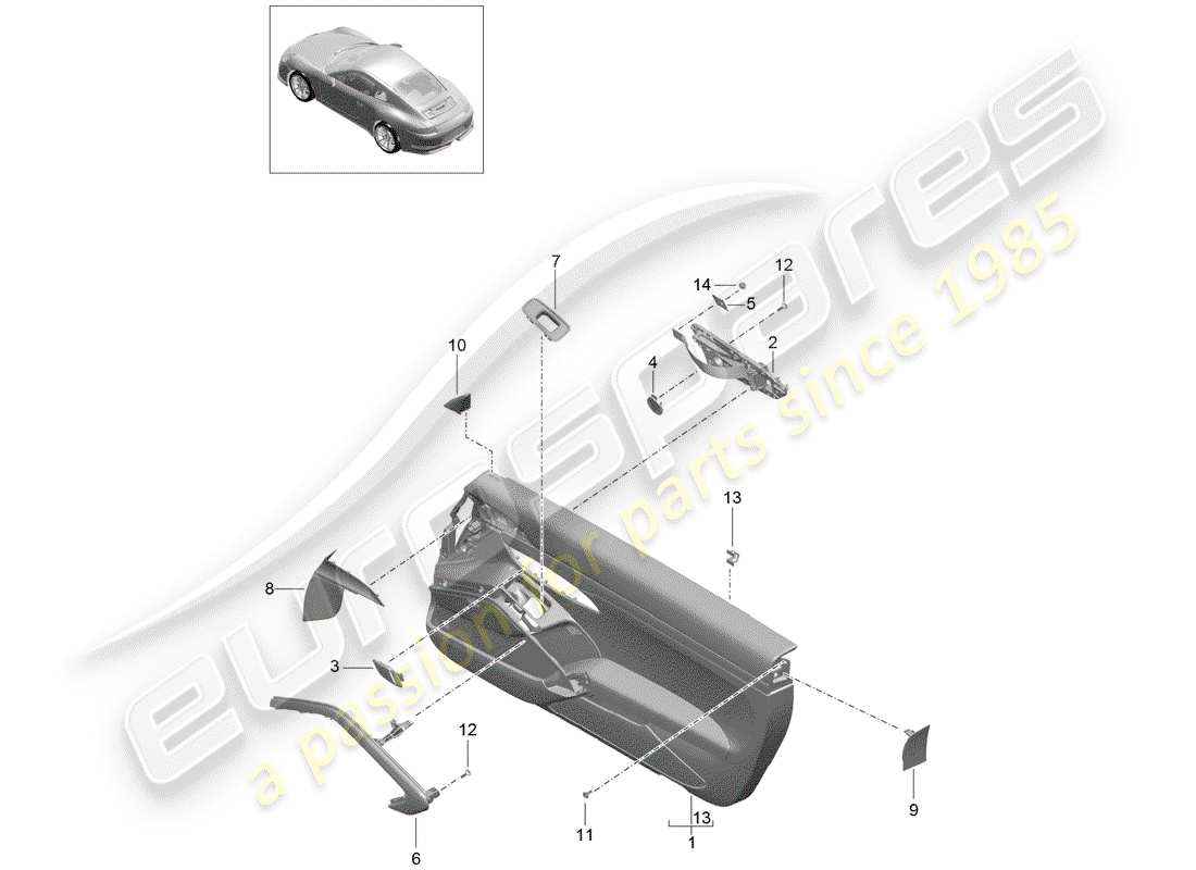 porsche 2016 (991-1 r/gt3/rs) schema delle parti del pannello della porta