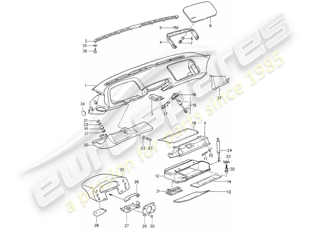 porsche 1990 (928) rivestimento del cruscotto - airbag - - d - mj 1990>> diagramma delle parti