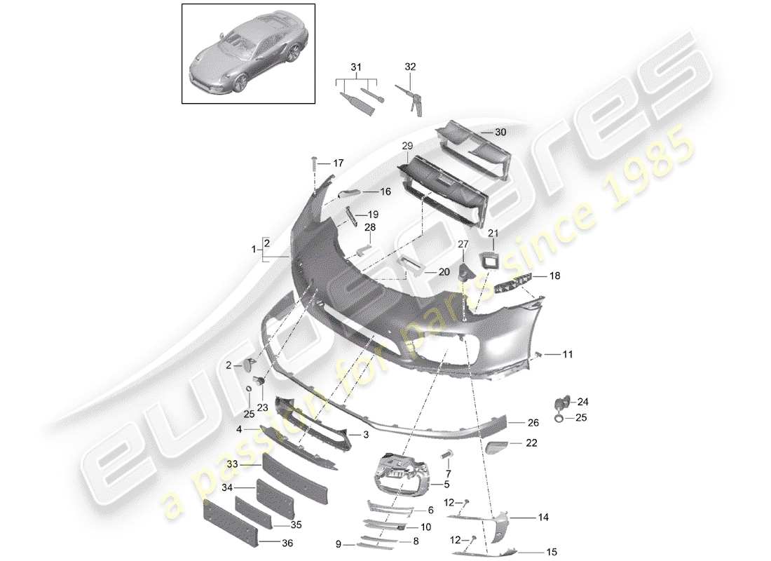 porsche 991 turbo (2020) diagramma delle parti del paraurti