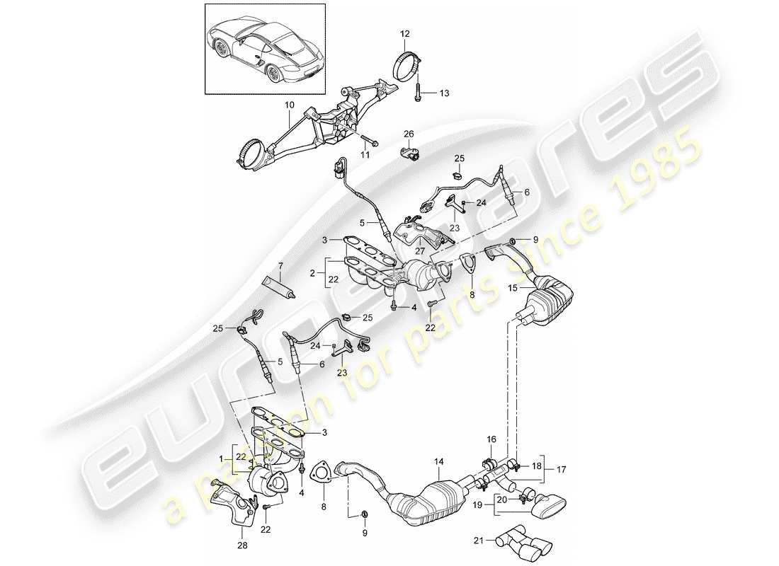 porsche 2012 (987 cayman) diagramma delle parti del sistema di scarico