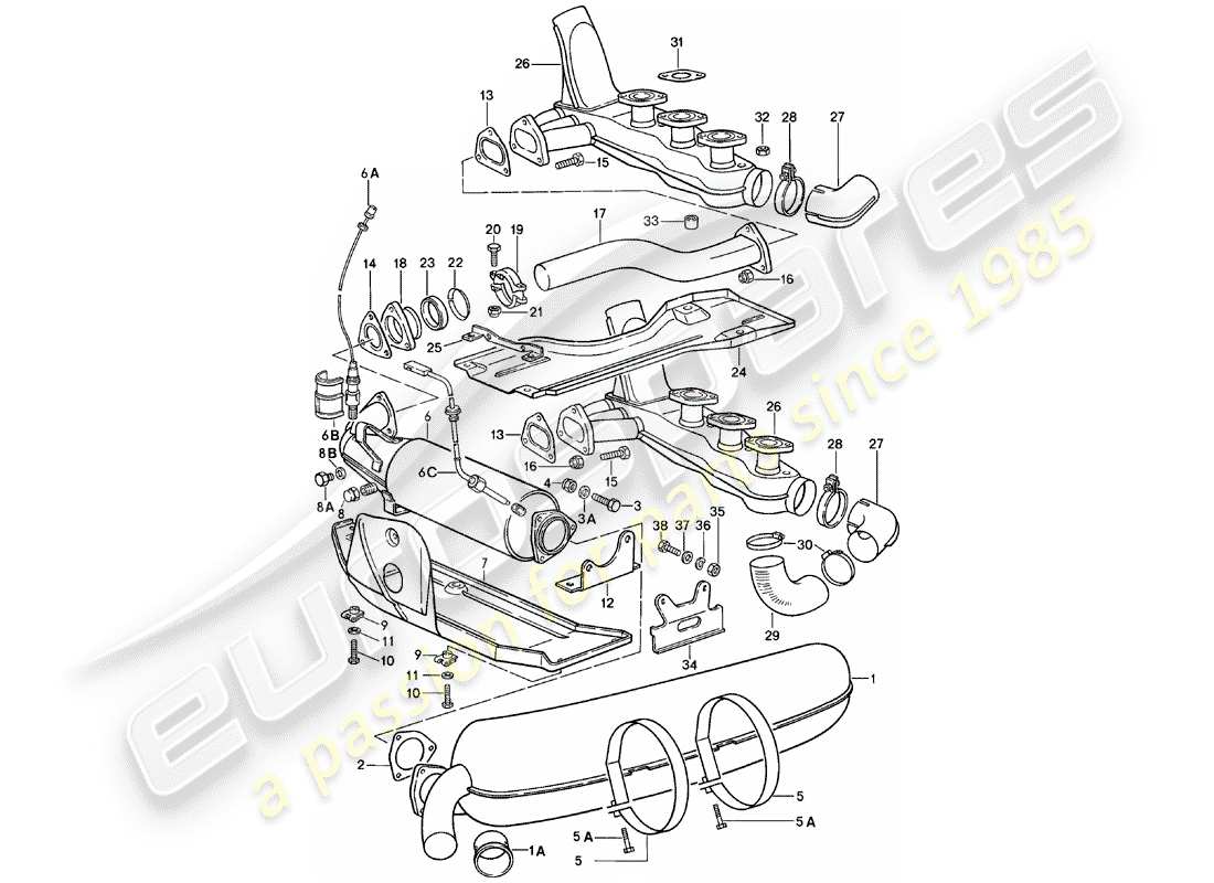 porsche 1983 (911) impianto di scarico diagramma delle parti