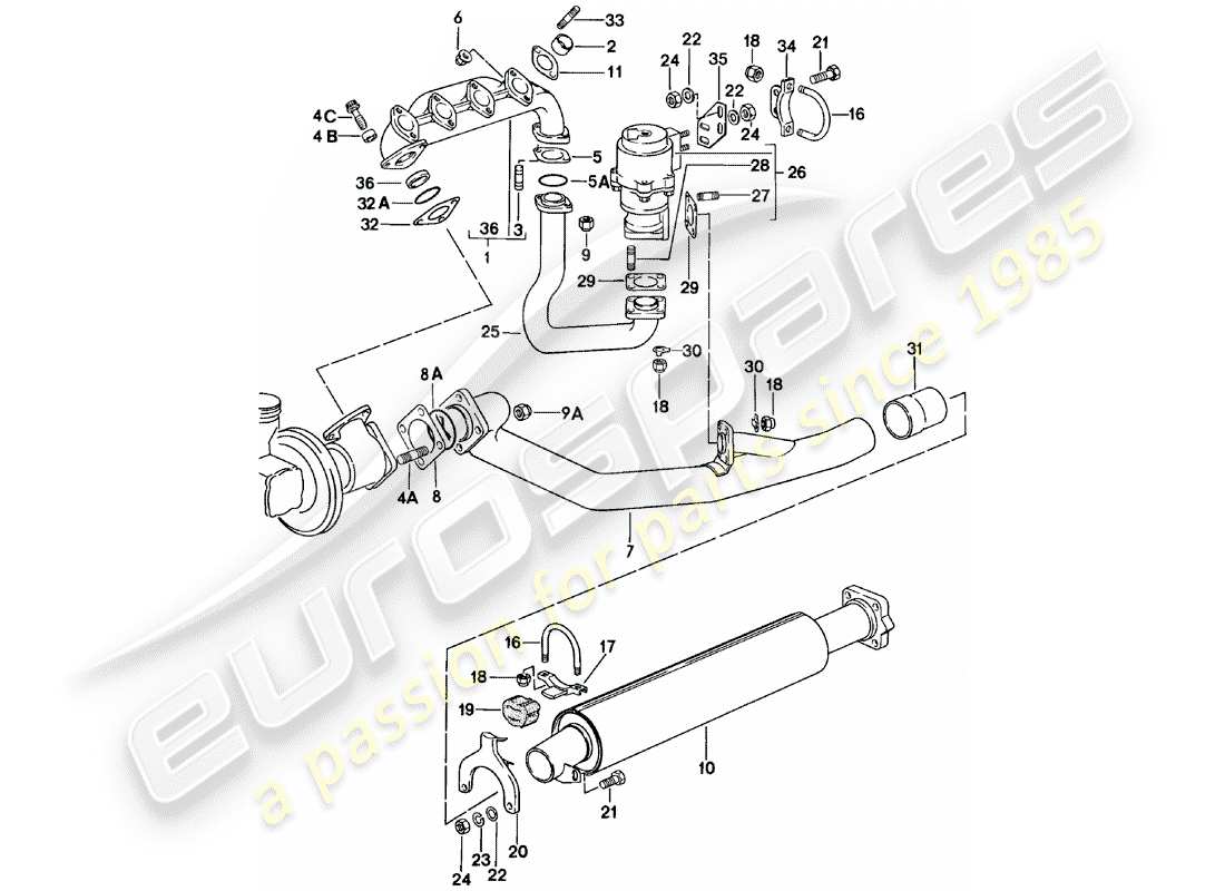 porsche 1982 (924) sistema di scarico - silenziatore di scarico, anteriore diagramma delle parti