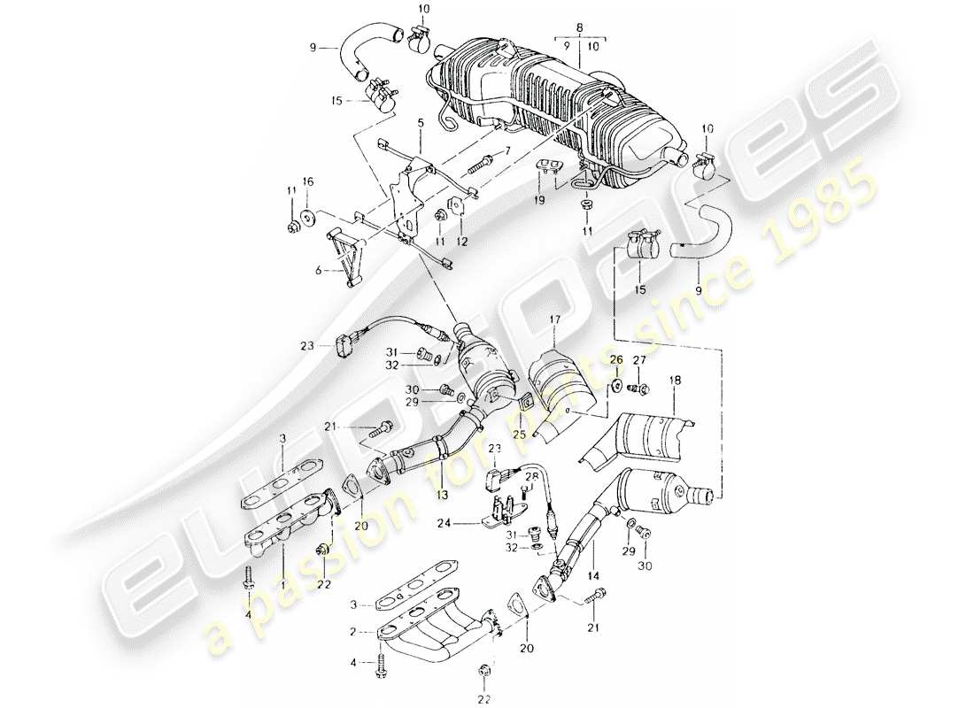 porsche 1998 (986 boxster) sistema di scarico - m 96.20 diagramma delle parti