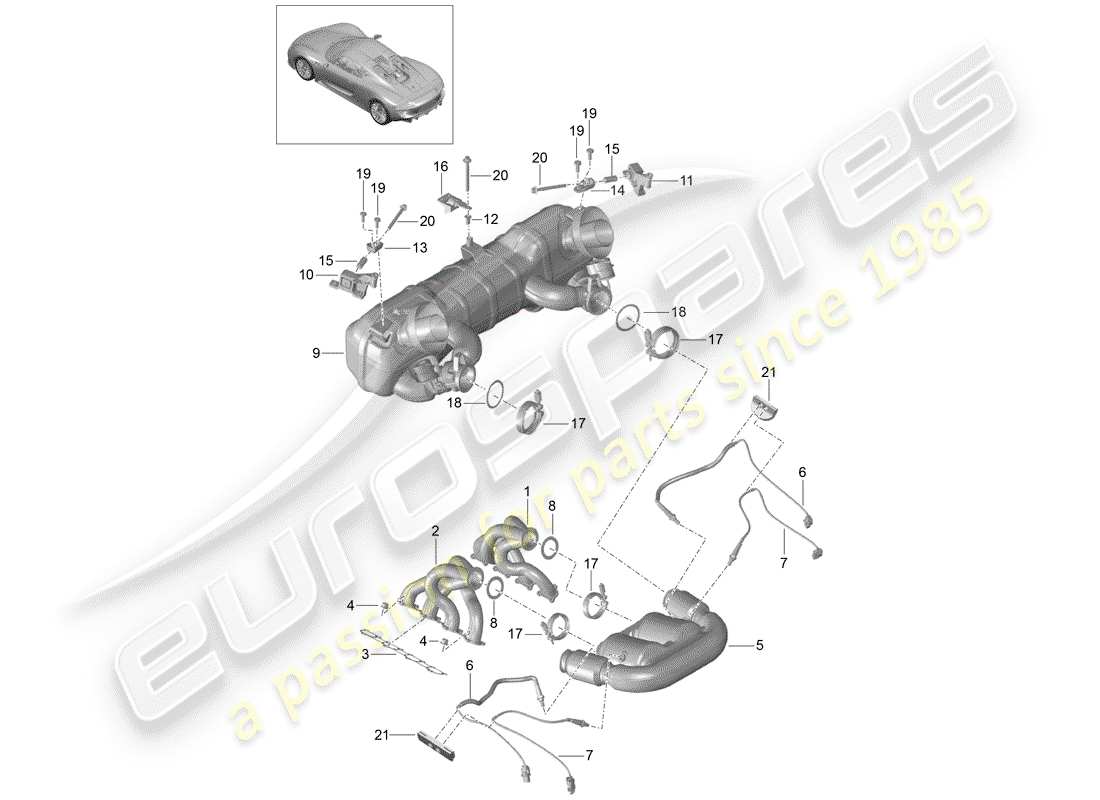 porsche 2015 (918 spyder) diagramma delle parti del sistema di scarico