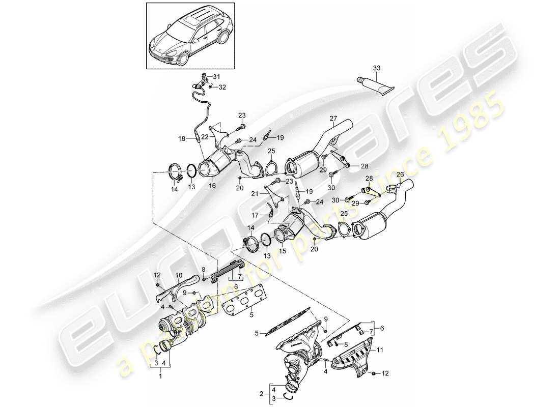 porsche 2014 (cayenne e2 92a) diagramma delle parti del sistema di scarico