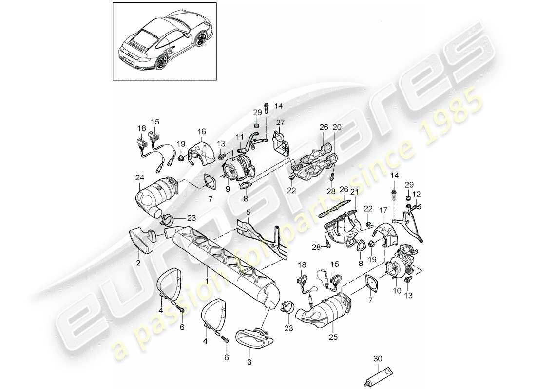 porsche 2013 (997-2 turbo / gt2 rs) diagramma delle parti del sistema di scarico