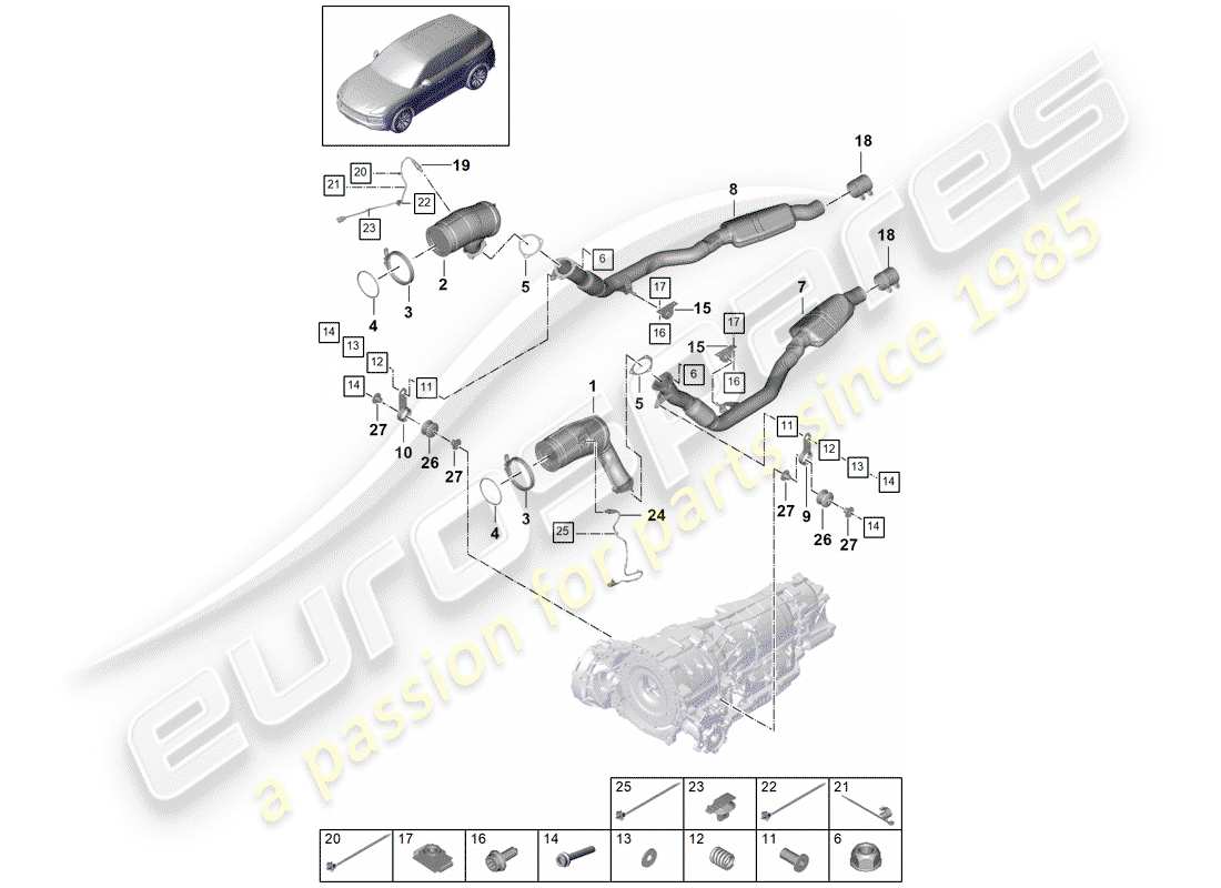 porsche 2020 (cayenne e3 9ya/9yb) diagramma delle parti del sistema di scarico