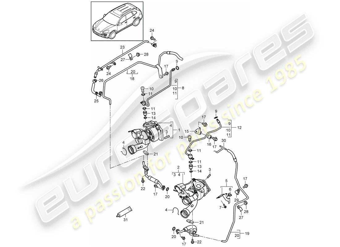 porsche 2014 (cayenne e2 92a) turbocompressore gas di scarico schema delle parti