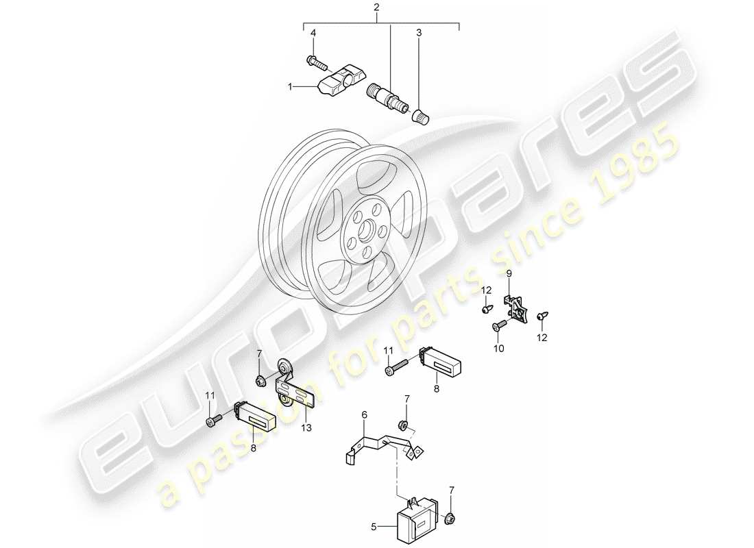 porsche 2007 (997-1 turbo / gt2) schema delle parti del sistema di controllo della pressione dei pneumatici
