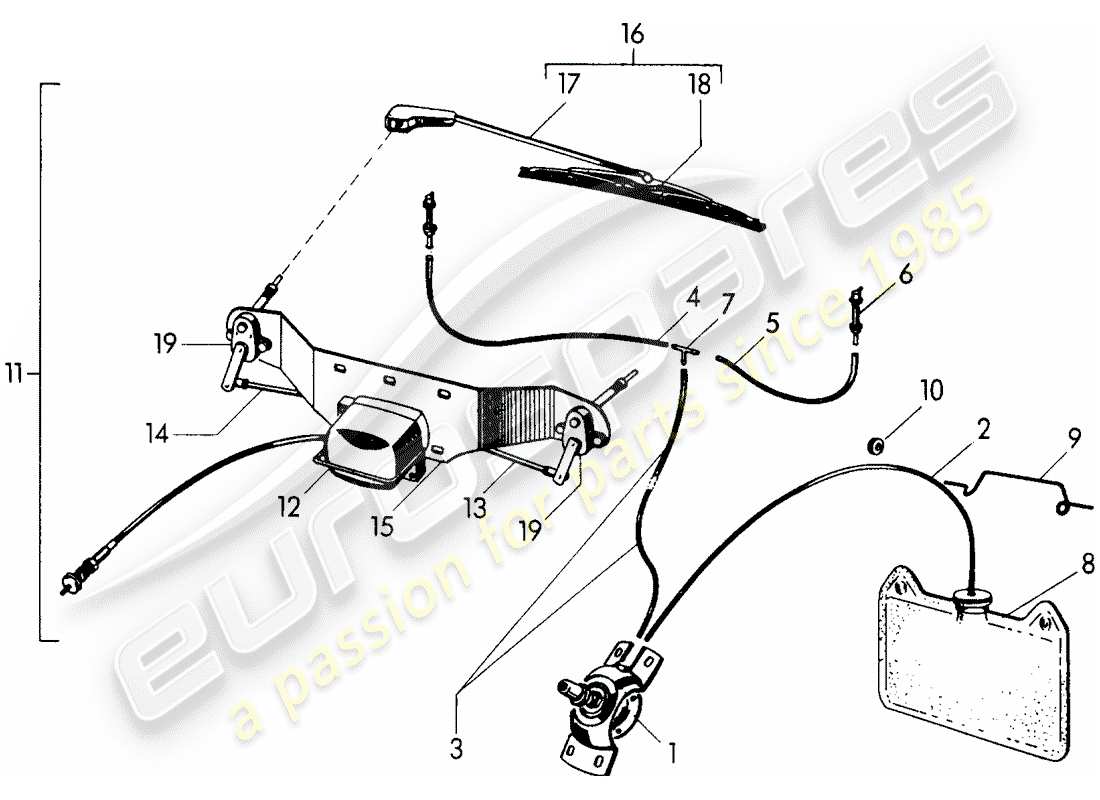 porsche 1954 (356/356a) unità rondella - sistema tergicristallo schema delle parti