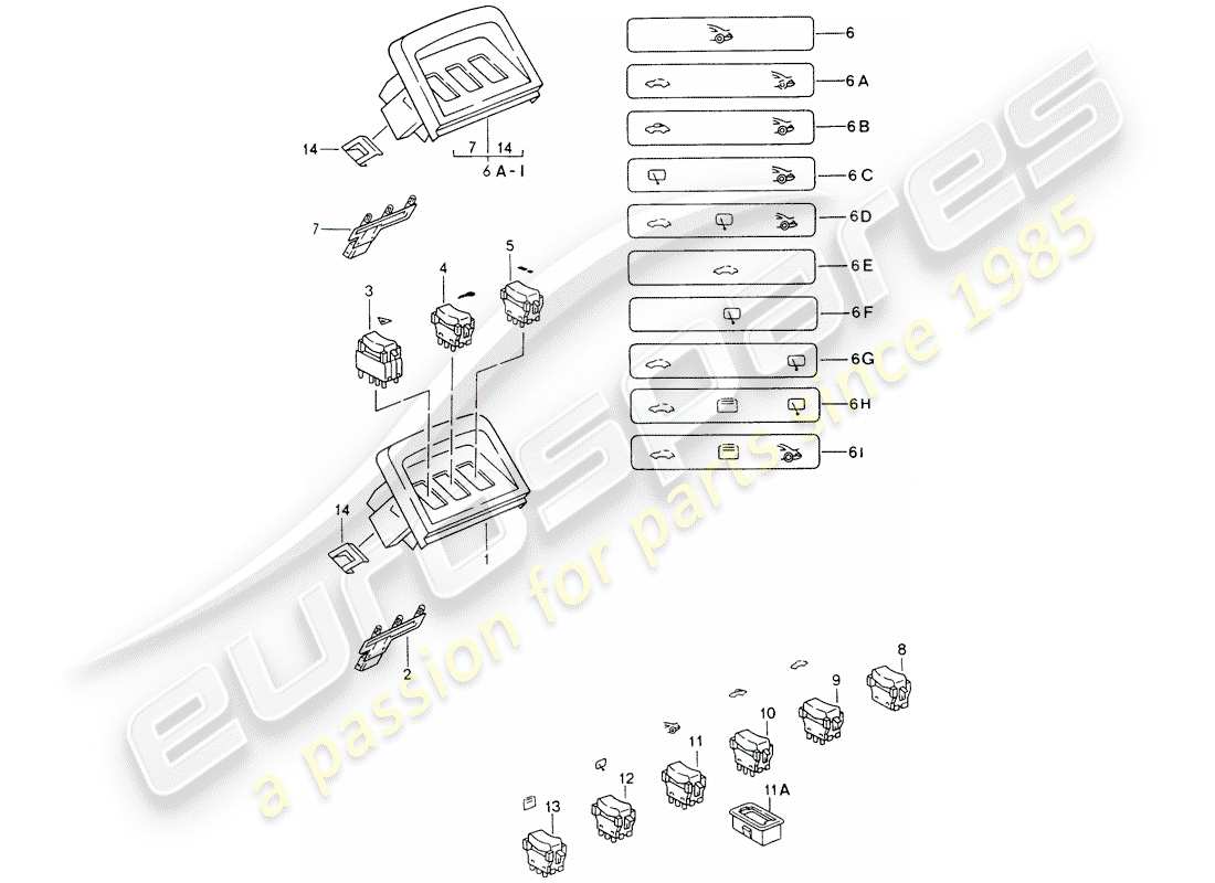 porsche 1995 (993) rivestimento - interruttore - console centrale schema delle parti