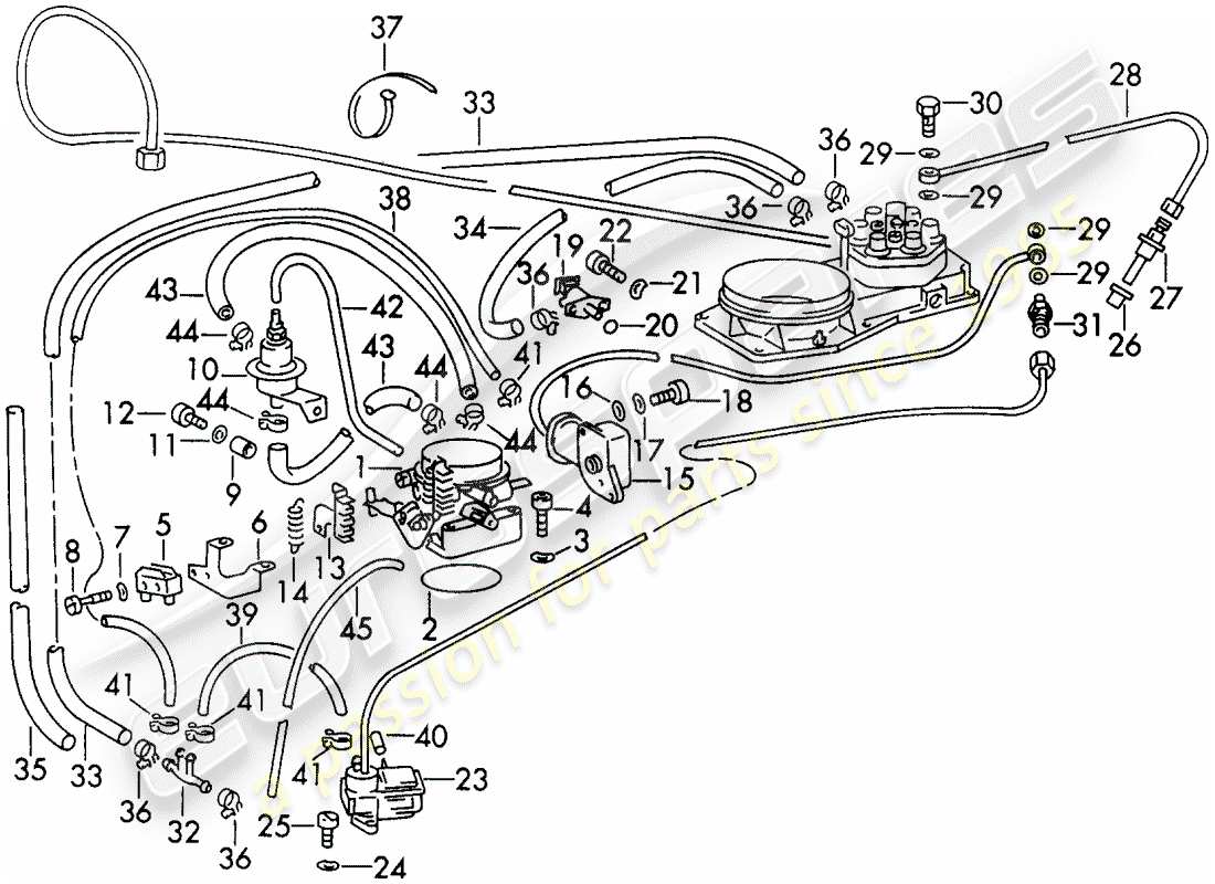 porsche 1973 (911) sistema d'iniezione - con: - linea carburante - valvole - ugello a detergente - e - valvola di riscaldamento - d - mj 1972>> schema delle parti
