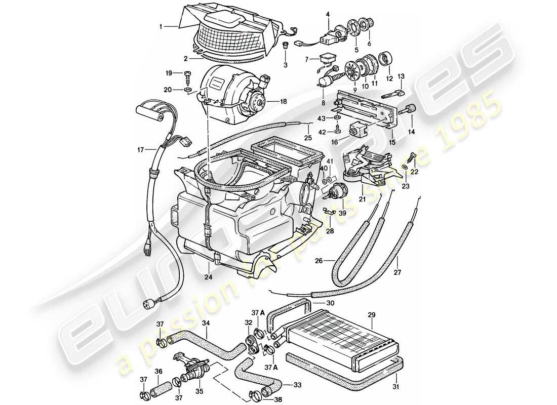 porsche 1982 (944) riscaldatore - ventilazione - nucleo riscaldante schema delle parti