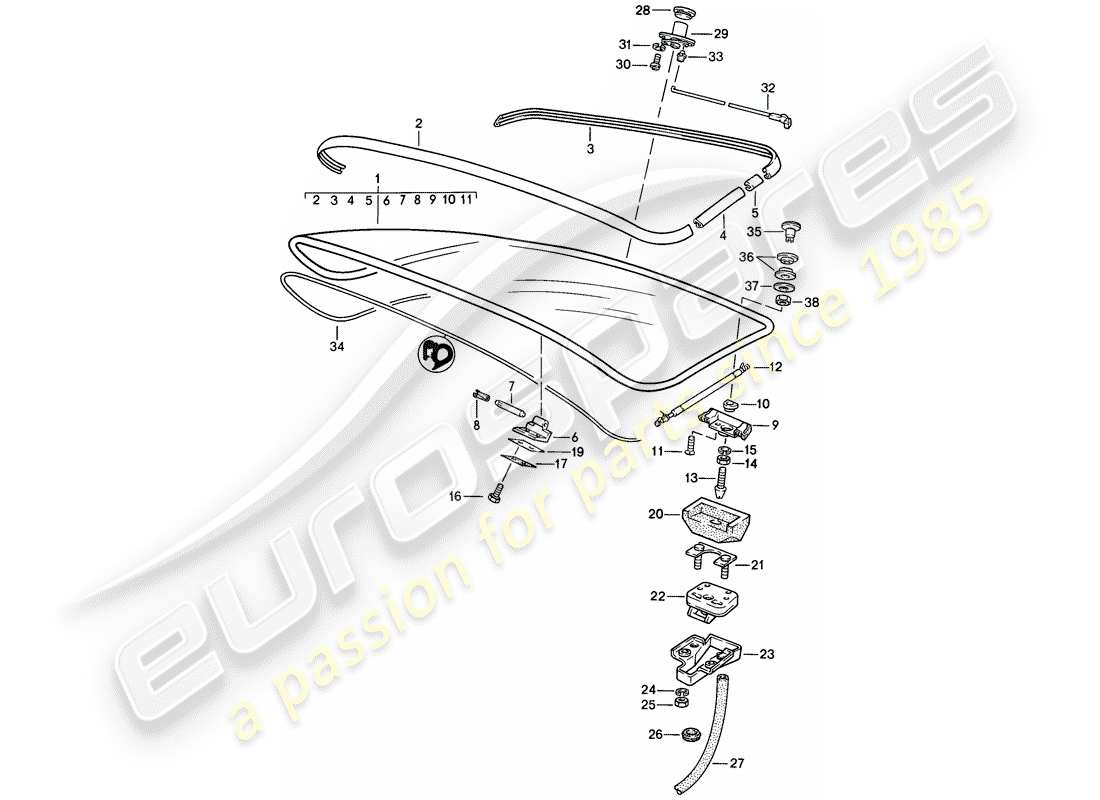 porsche 1982 (944) coperchio baule posteriore - con: - vetro lunotto posteriore - senza: - spoiler posteriore schema particolare