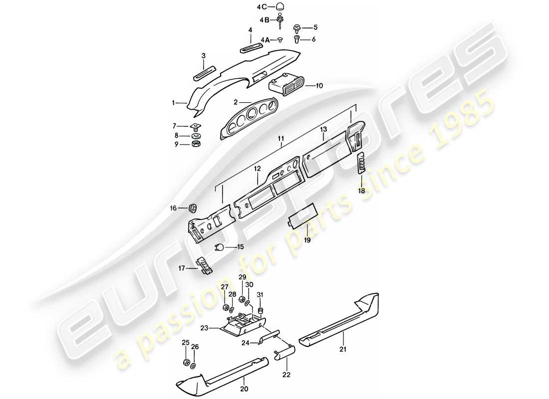 porsche 1985 (911) rivestimento del cruscotto - con parti di installazione - d >> - mj 1985 schema delle parti
