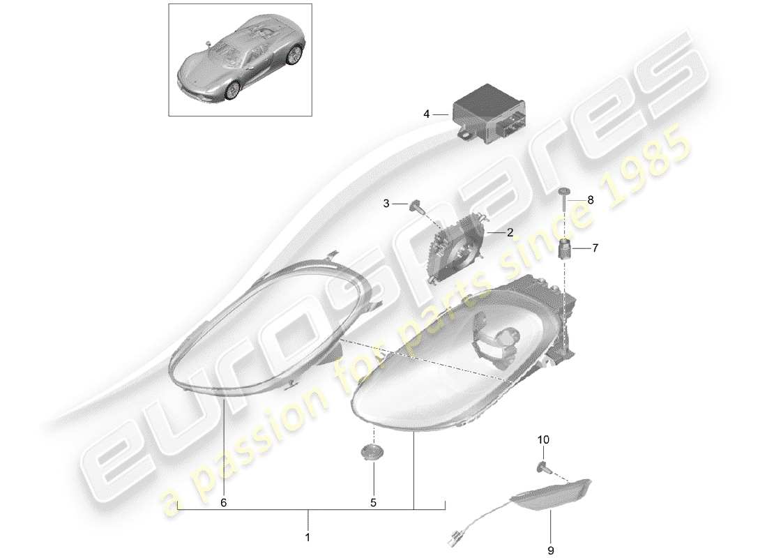 porsche 2015 (918 spyder) diagramma delle parti del faro a led