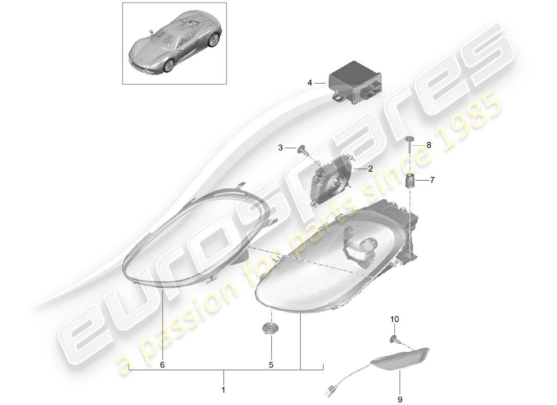 porsche 918 spyder (2015) diagramma delle parti del faro a led