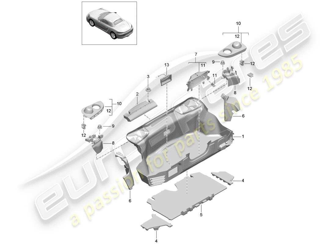 porsche 2019 (718 boxster) fodera dello stivale diagramma delle parti