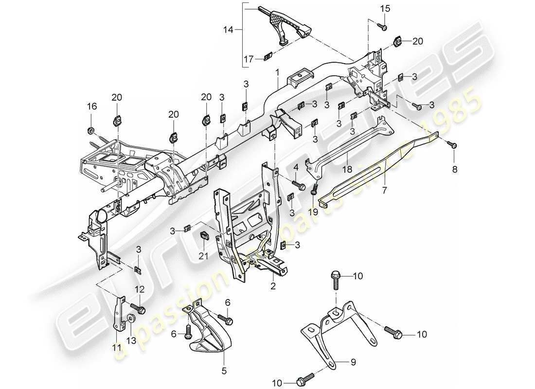 porsche 2009 997-2 turbo / gt2 schema delle parti del telaio di tenuta