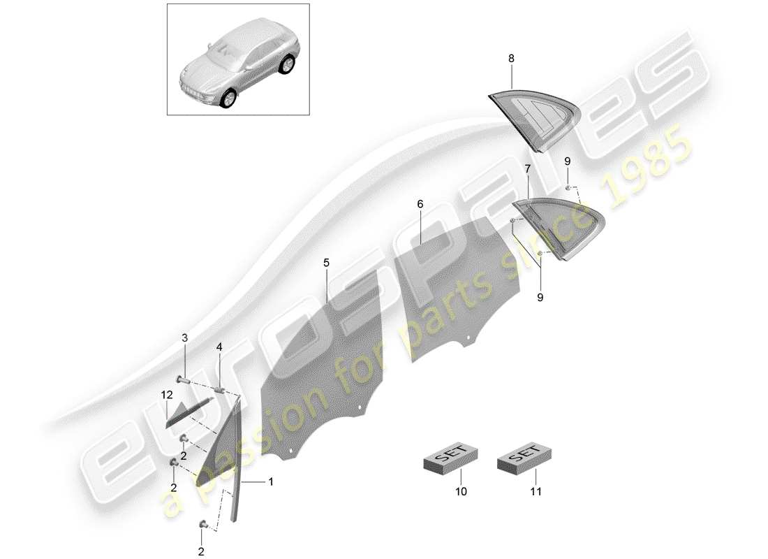 porsche 2016 (macan) schema delle parti del finestrino laterale