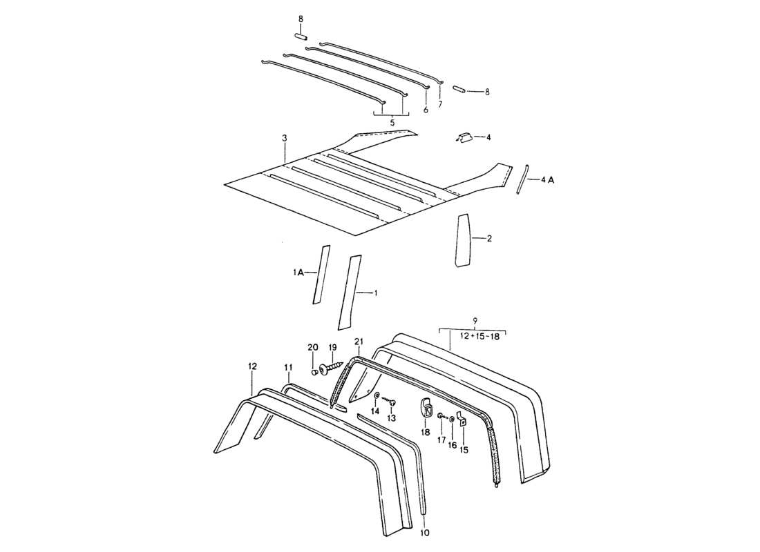porsche 1994 (964) allestimento interno - tetto - roll bar diagramma delle parti