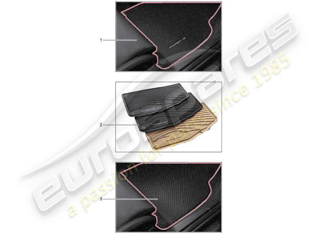 porsche 2016 (tequipment 98x/99x) 1 set sottopiede (tessile) diagramma delle parti