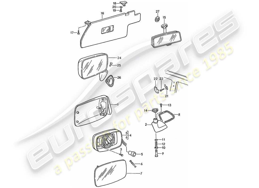 porsche 1990 (944) visiera parasole - specchio retrovisore - specchio retrovisore interno schema delle parti