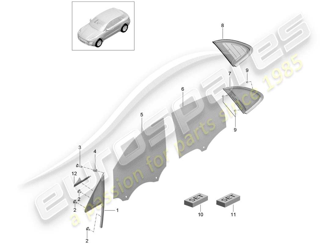porsche 2016 (macan) schema delle parti del finestrino laterale