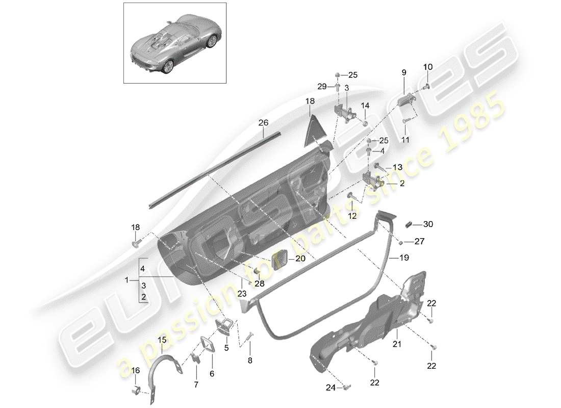 porsche 918 spyder (2015) diagramma delle parti della porta