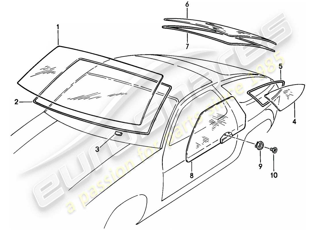 porsche 1982 (928) vetri da finestra diagramma delle parti