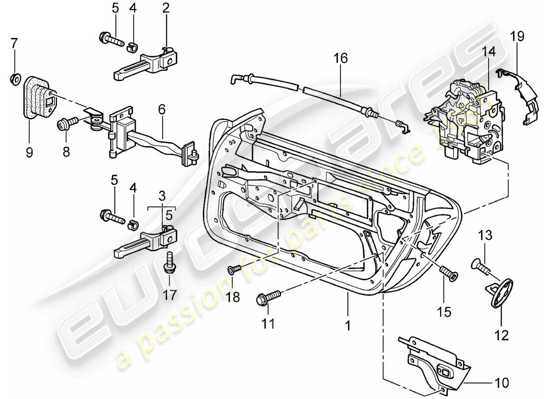 porsche 1997 (986 boxster) guscio della portiera - chiusura della portiera diagramma delle parti