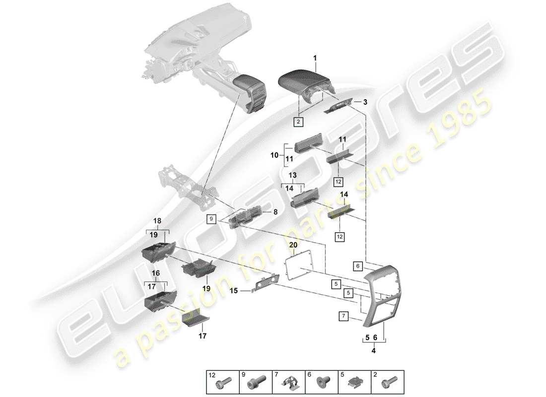 porsche 2019 (cayenne e3 9ya/9yb) console centrale diagramma delle parti