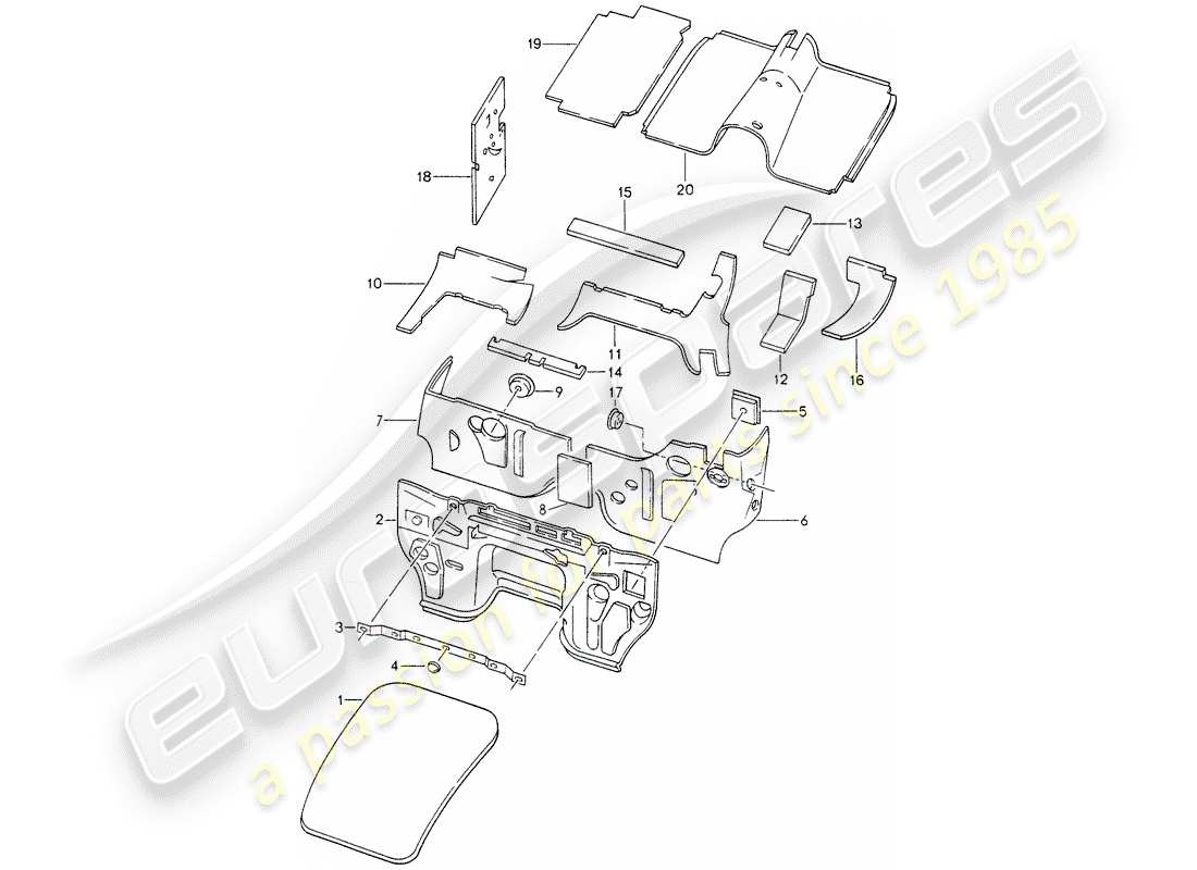 porsche 1988 (928) scocca - isolamento acustico 1 diagramma delle parti