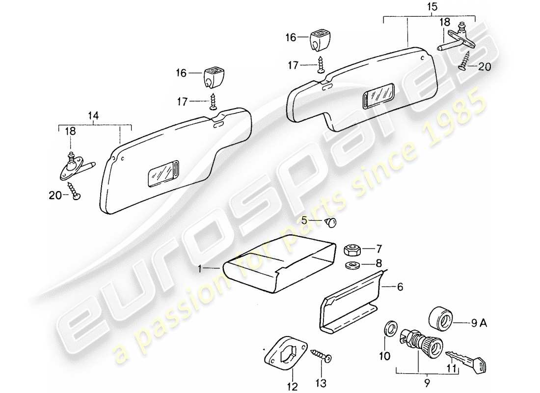 porsche 1988 (959) portaoggetti - visiera da parasole diagramma delle parti