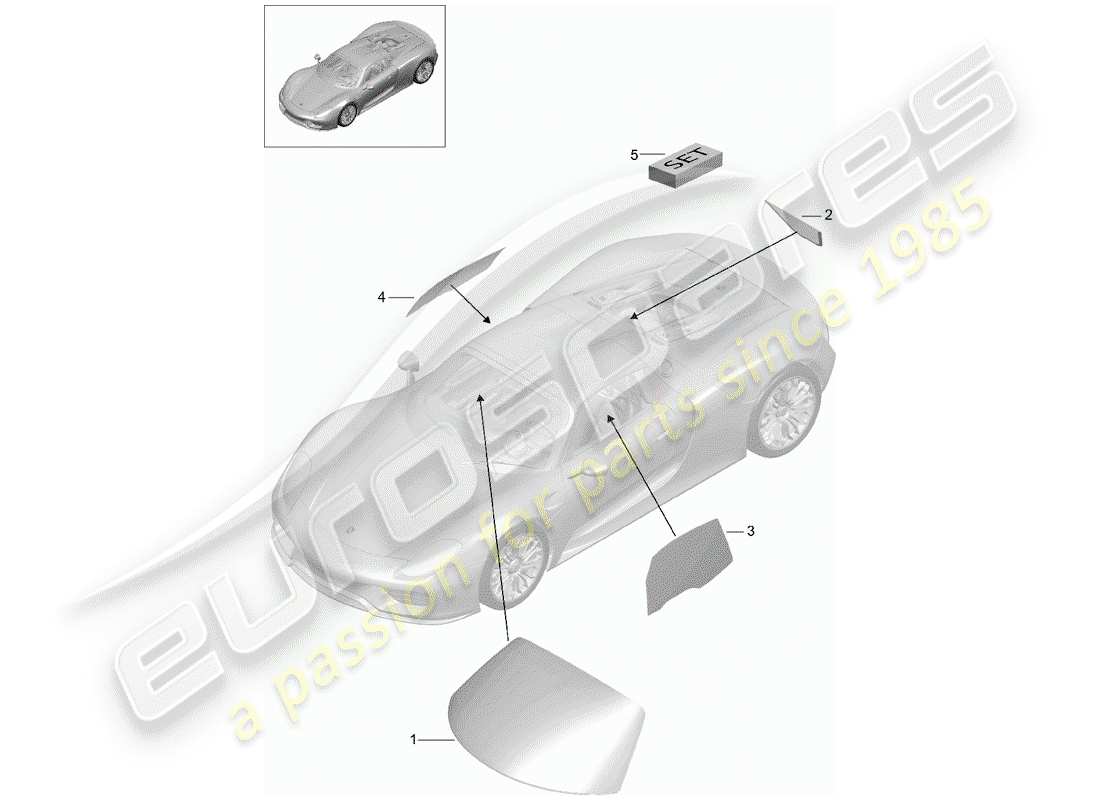 porsche 2015 (918 spyder) vetri della finestra schema delle parti
