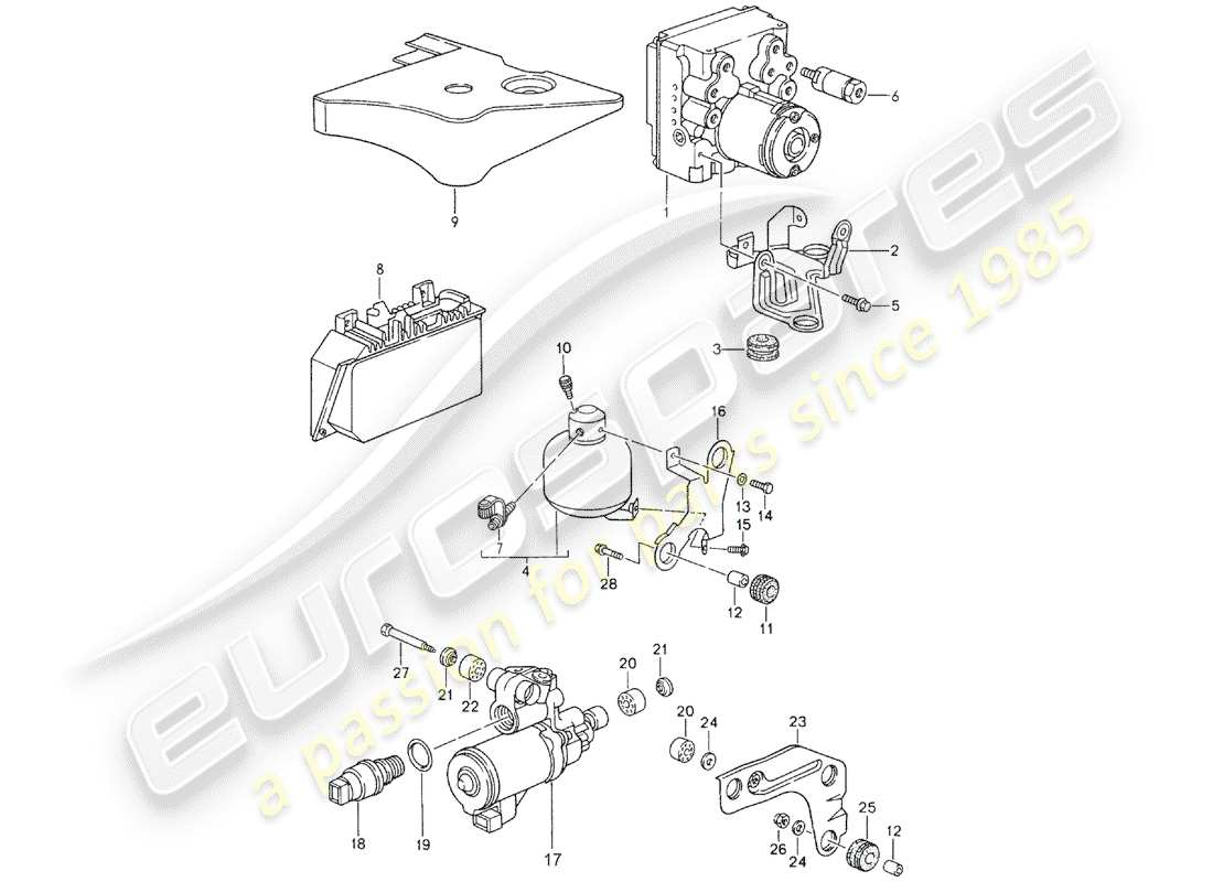 porsche 1994 (993) gruppo idraulico - impianto freno antibloccaggio -abs- - comando - vedi informazioni tecniche - gr.4 nr3/94 schema delle parti